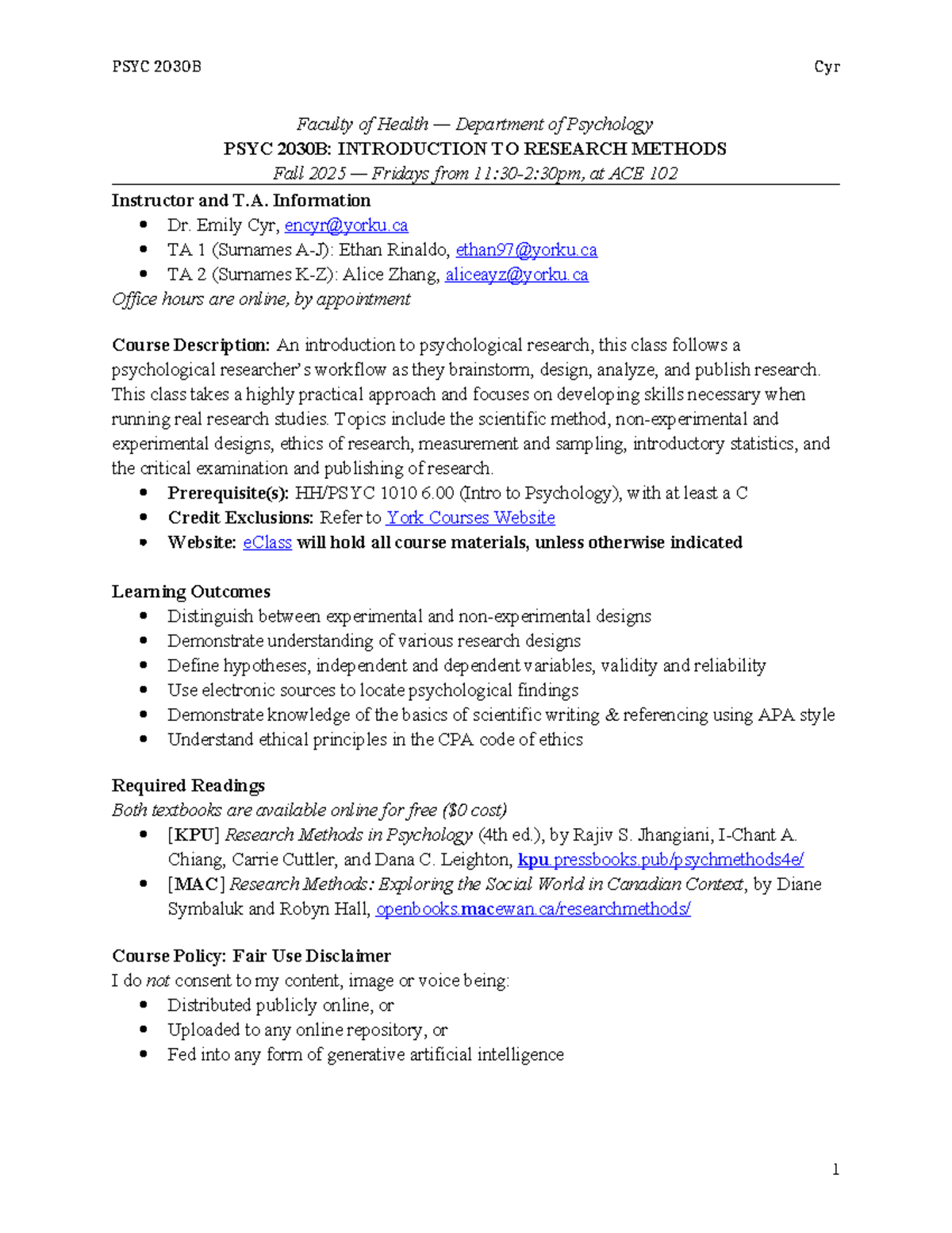 PSYC 2030B: Introduction to Research Methods Syllabus - Fall 2025 - Studocu