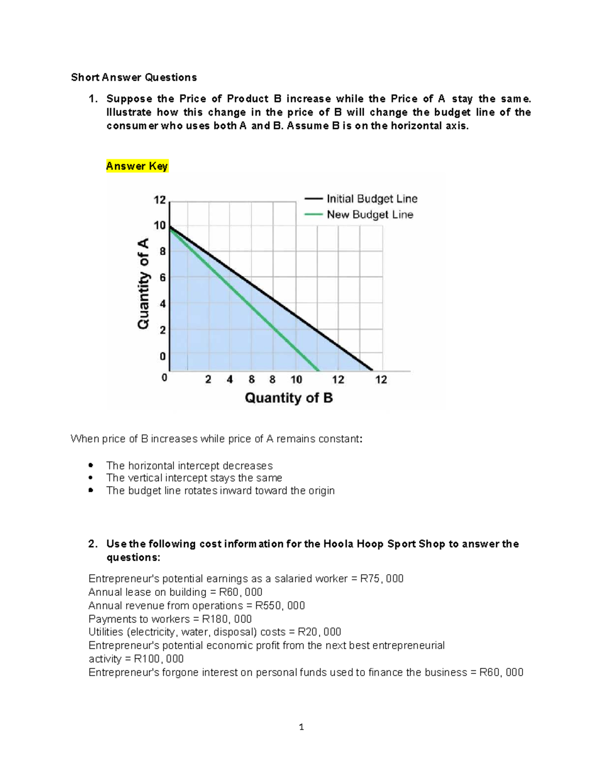 Tutorial 2 Questions: Budget Lines & Cost Analysis in Economics - Studocu
