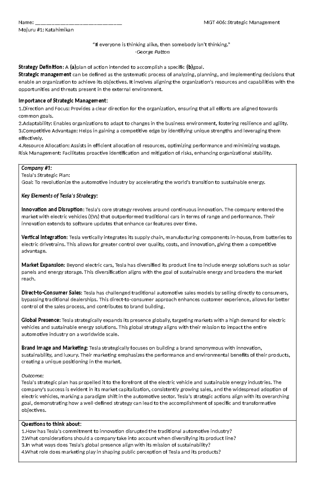 MGT 406: Strategic Management Lecture Notes - Key Concepts & Insights ...