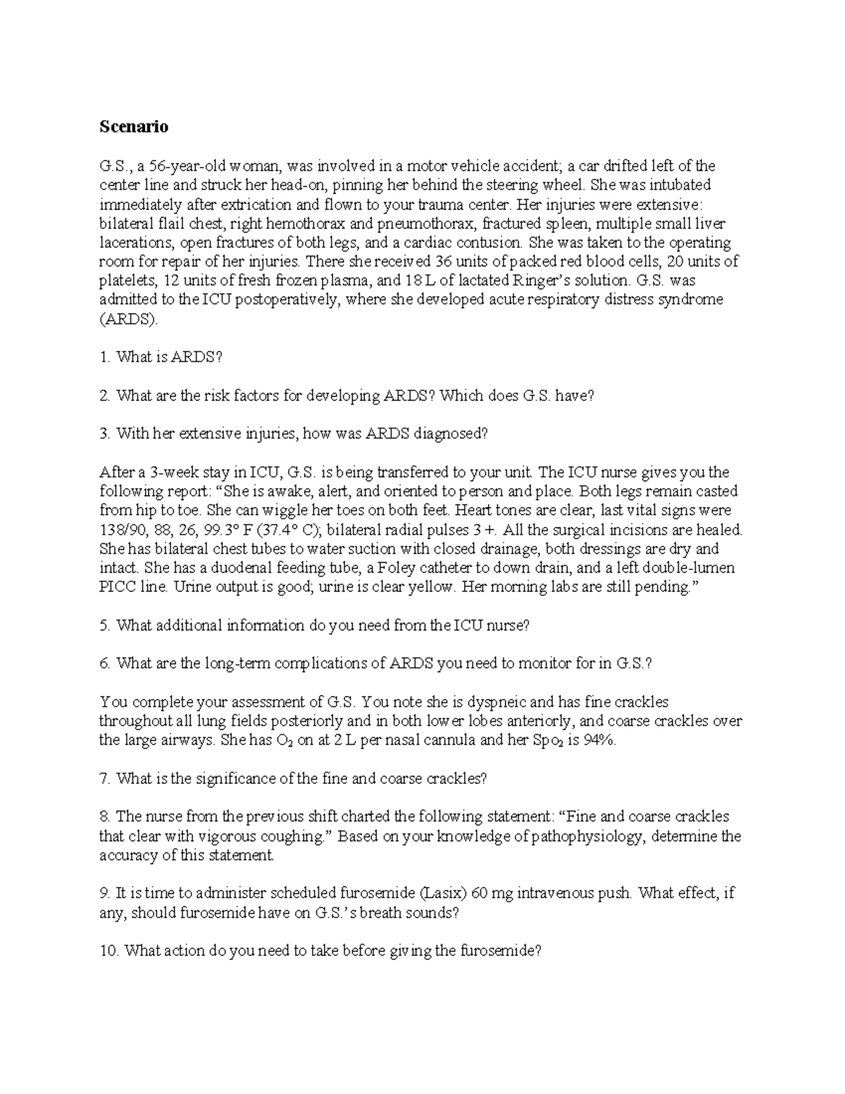 ARDS Case Study 2-1: Post-Trauma Management & Nursing Considerations ...