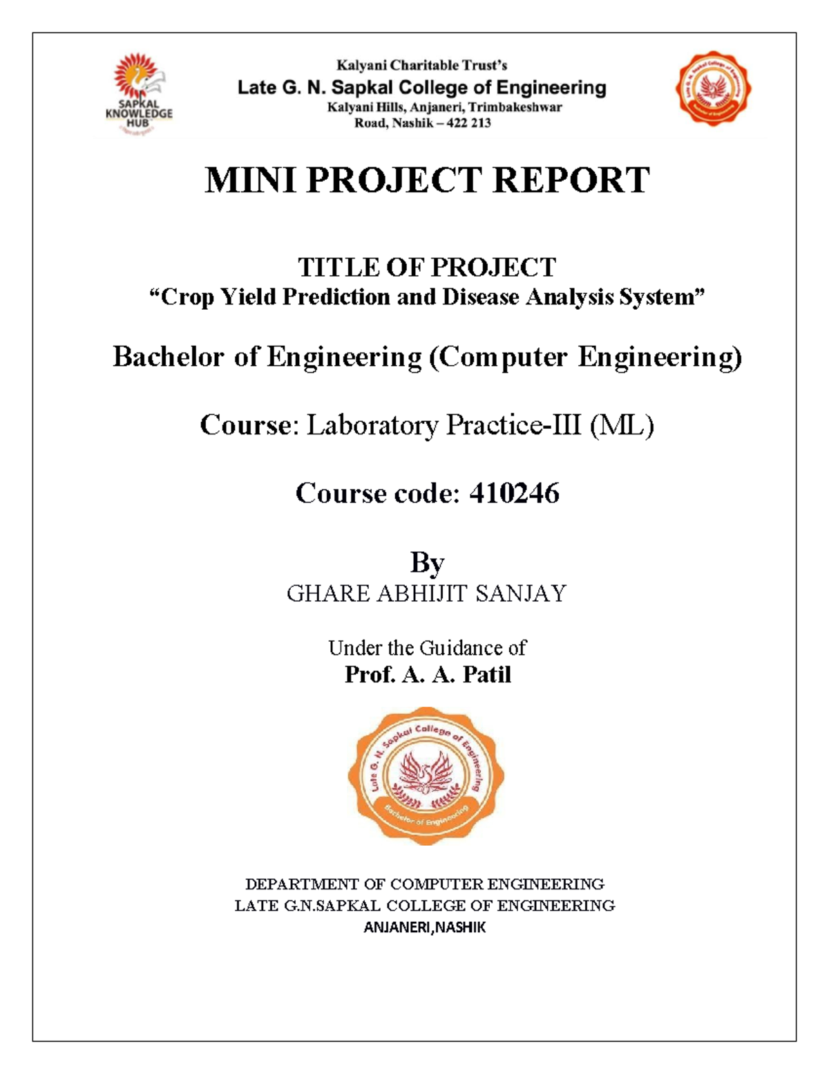 ML Mini Project Report: Yield Prediction & Disease Analysis (410246 ...