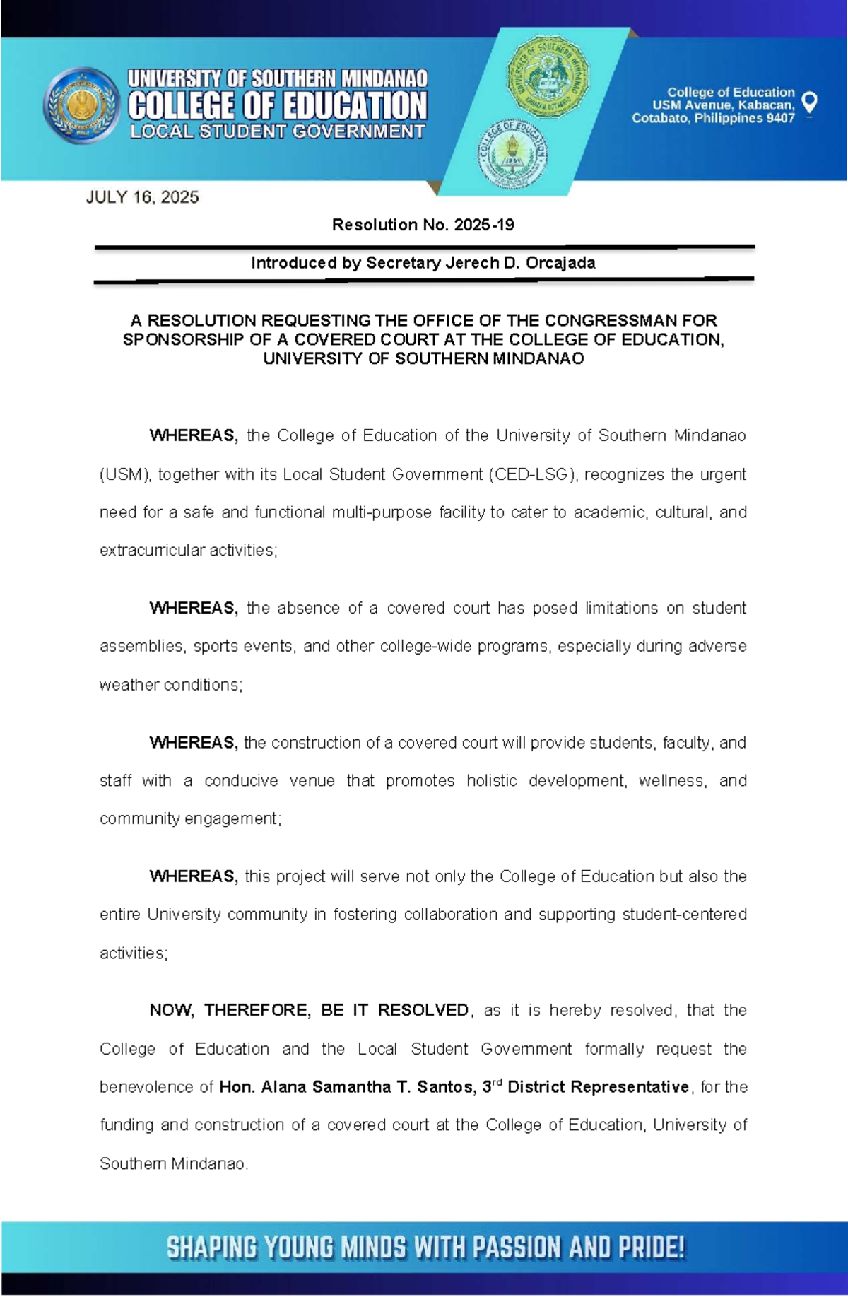 Resolution 101005: Request for Covered Court at USM College of ...