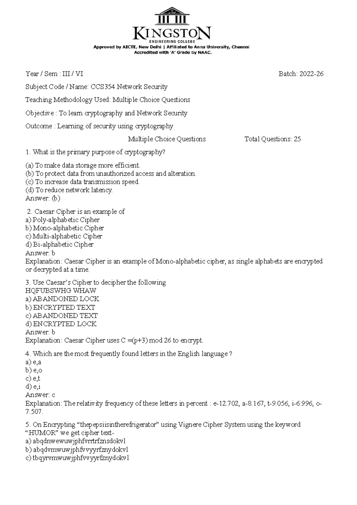 CCS354 Network Security: MCQ Study Guide for VI Semester - Studocu