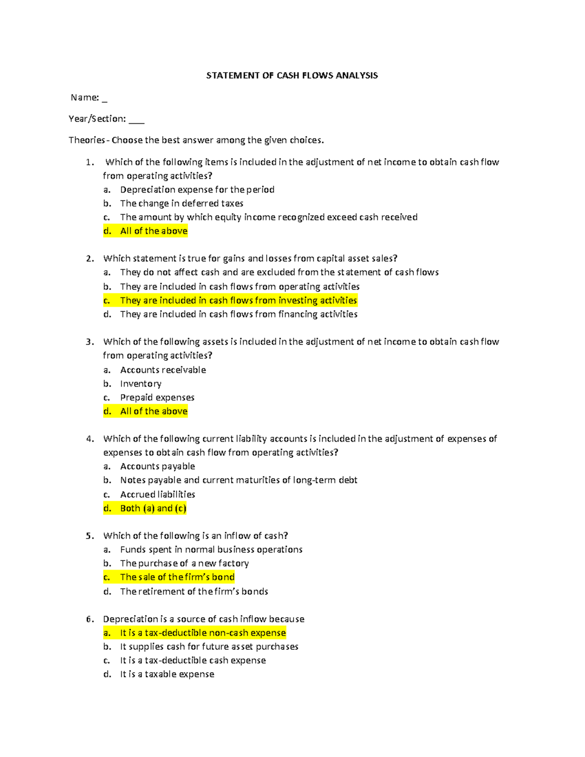 Cash Flows Analysis Exercise (Solutions Included) - Accounting 101 ...