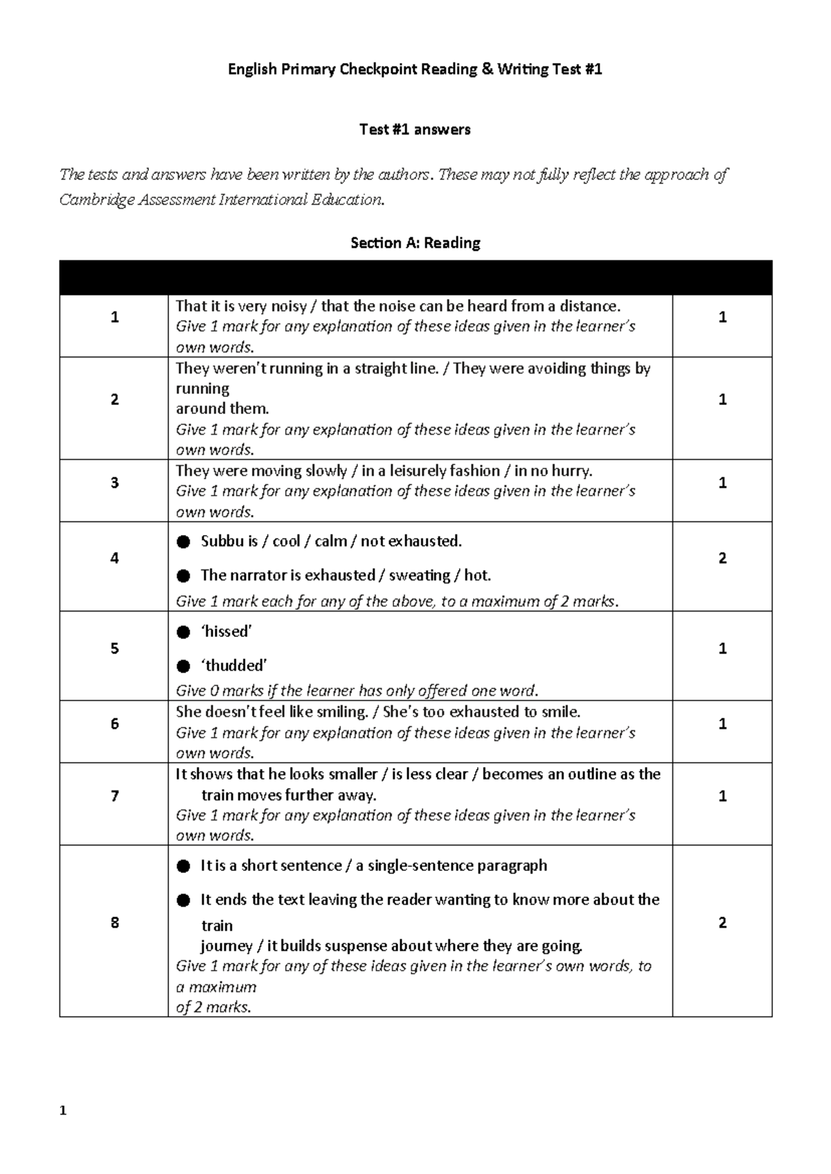 English Primary Checkpoint Reading & Writing Test 1 Answers - Studocu