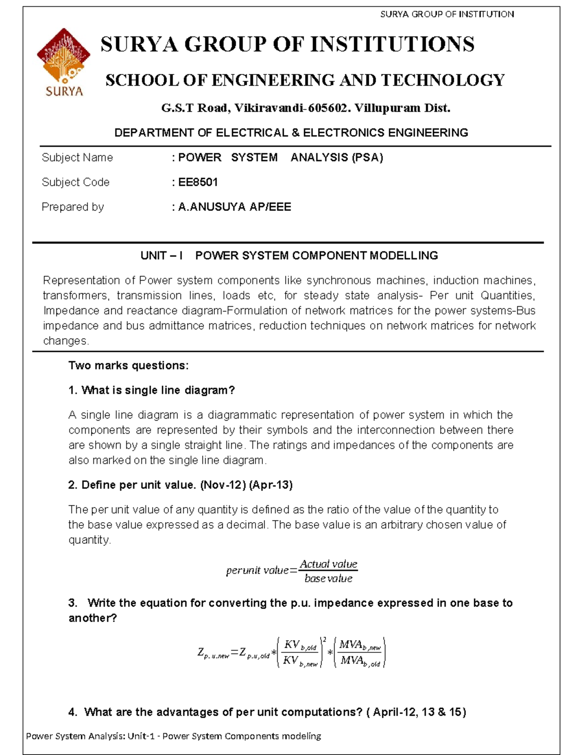 PSA EE8501 Unit I: Power System Components Modeling Notes - Studocu