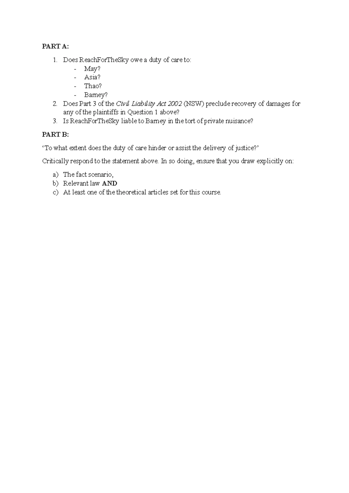 Practice Torts Final Exam Questions & Analysis 2024 - Studocu