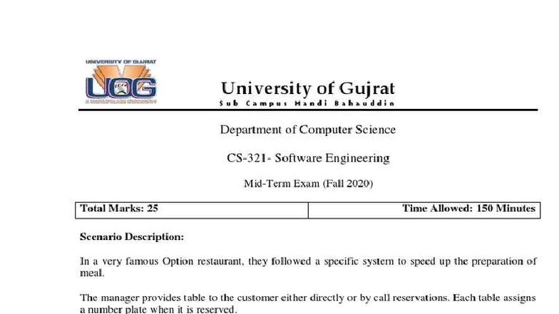 Software Engineering Exam (CS-101) - Fall 2020 - UOG - Studocu