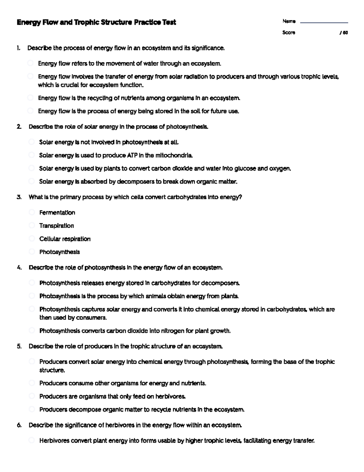 Energy Flow and Trophic Structure Practice Test (BIO 101) - Studocu