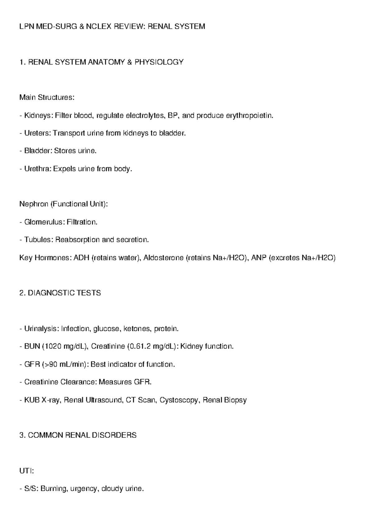 LPN NCLEX Review: Med Surg Renal System Overview - Studocu