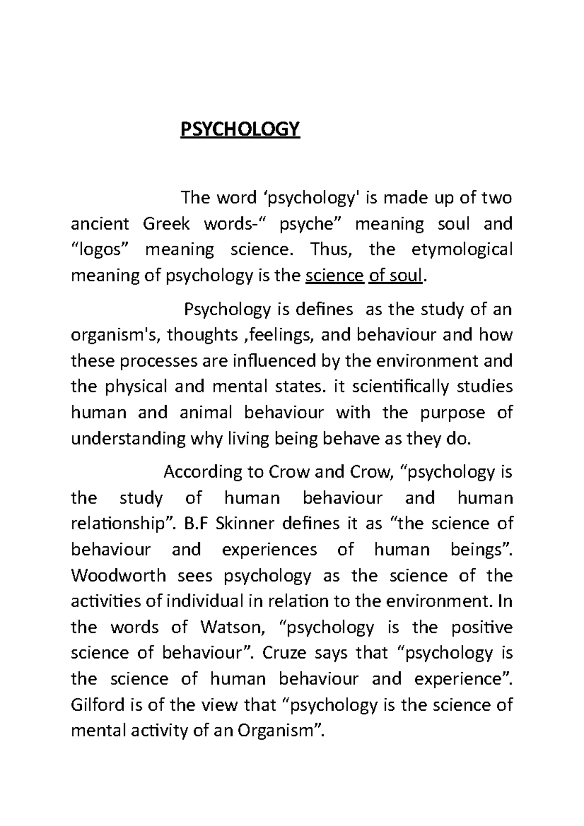 PSY101: Chapter 1 - Introduction to Psychology and Its Functions - Studocu