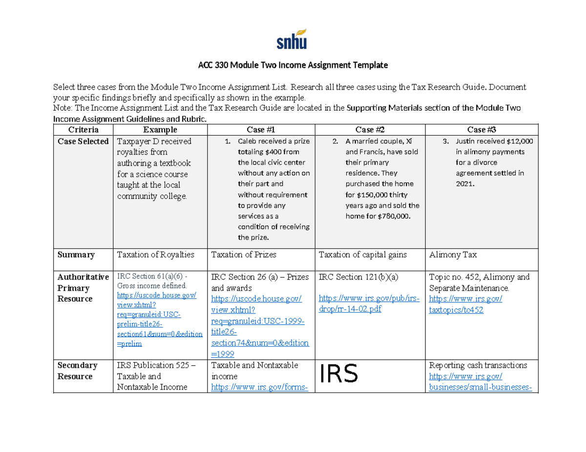 ACC 330 Module Two Income Assignment Case Analysis Template - Studocu