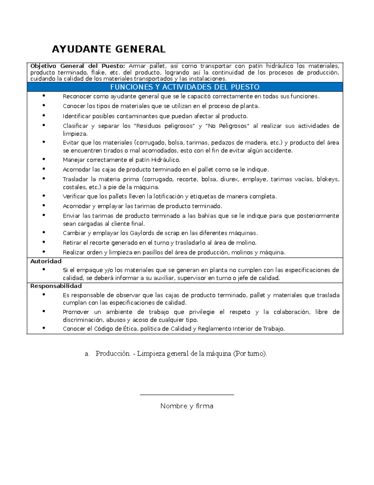 AYUDANTE GENERAL: Funciones y Responsabilidades en Producción - Studocu