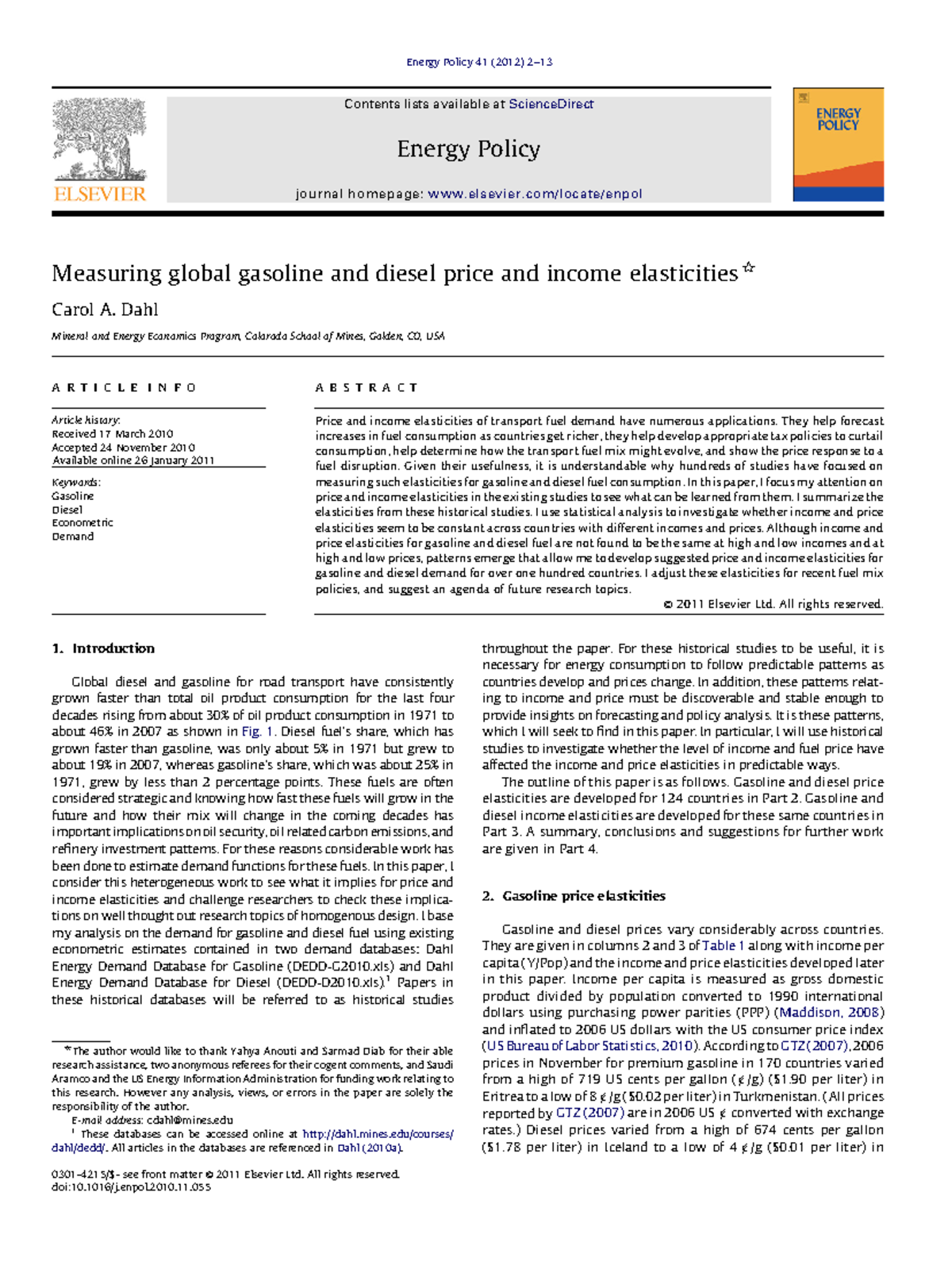 Energy Policy 41 (2012): Analyzing Price and Income Elasticities of ...