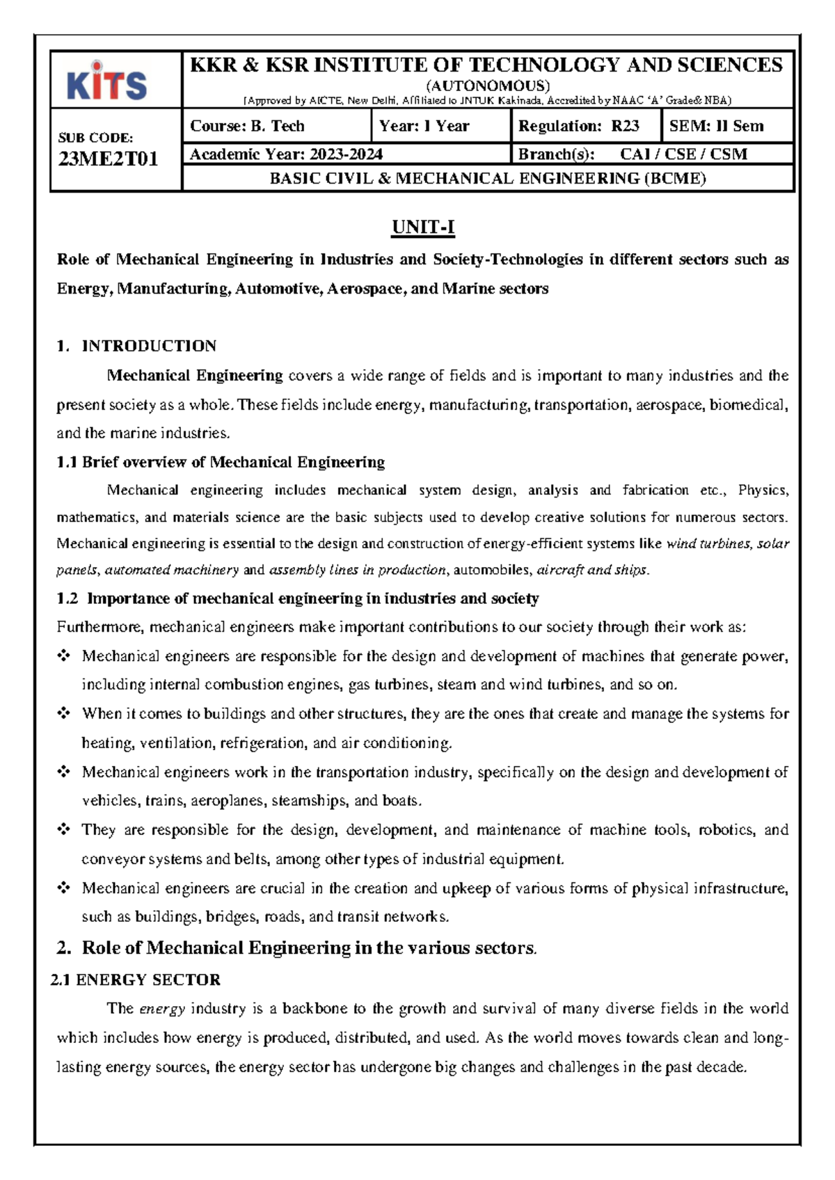 BCME R23 I BTech II Sem Notes on Mechanical Engineering Roles - Studocu
