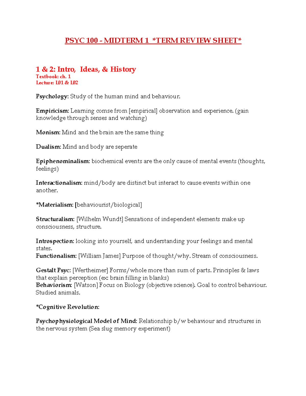 PSYC 100 - Midterm 1 Review Notes on Key Concepts & Theories - Studocu