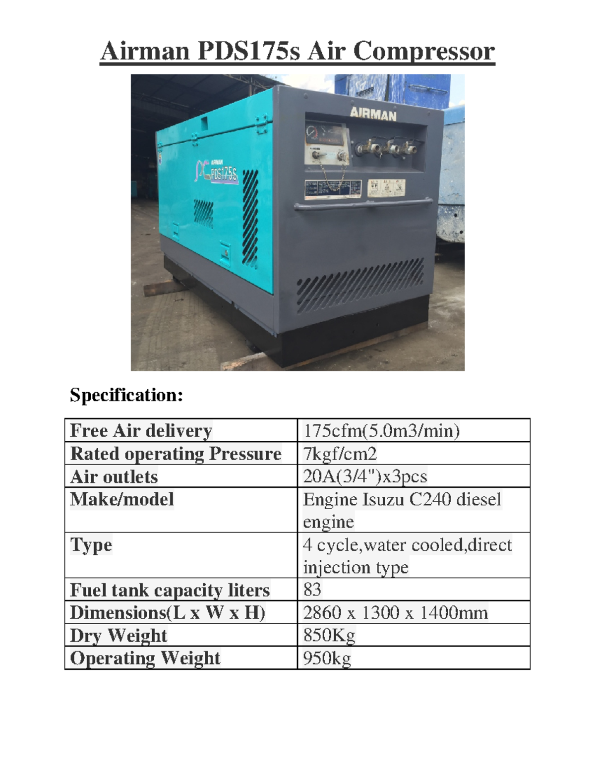 Air Compressor PDS175 Brochure - Industrial Engineering - Airman ...