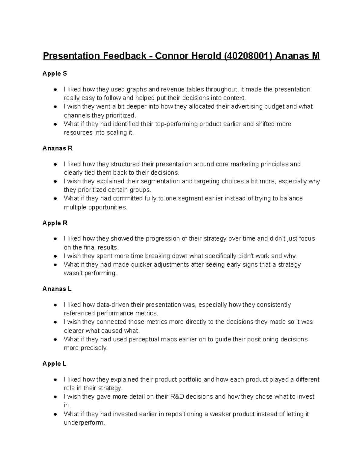 Presentation Feedback - Connor Herold (40208001) Analysis - Studocu