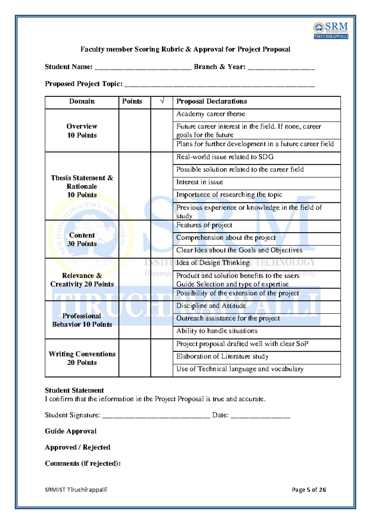 VIII Sem. B.Tech. Project Proposal Rubric & Approval Form v1.0 - Studocu