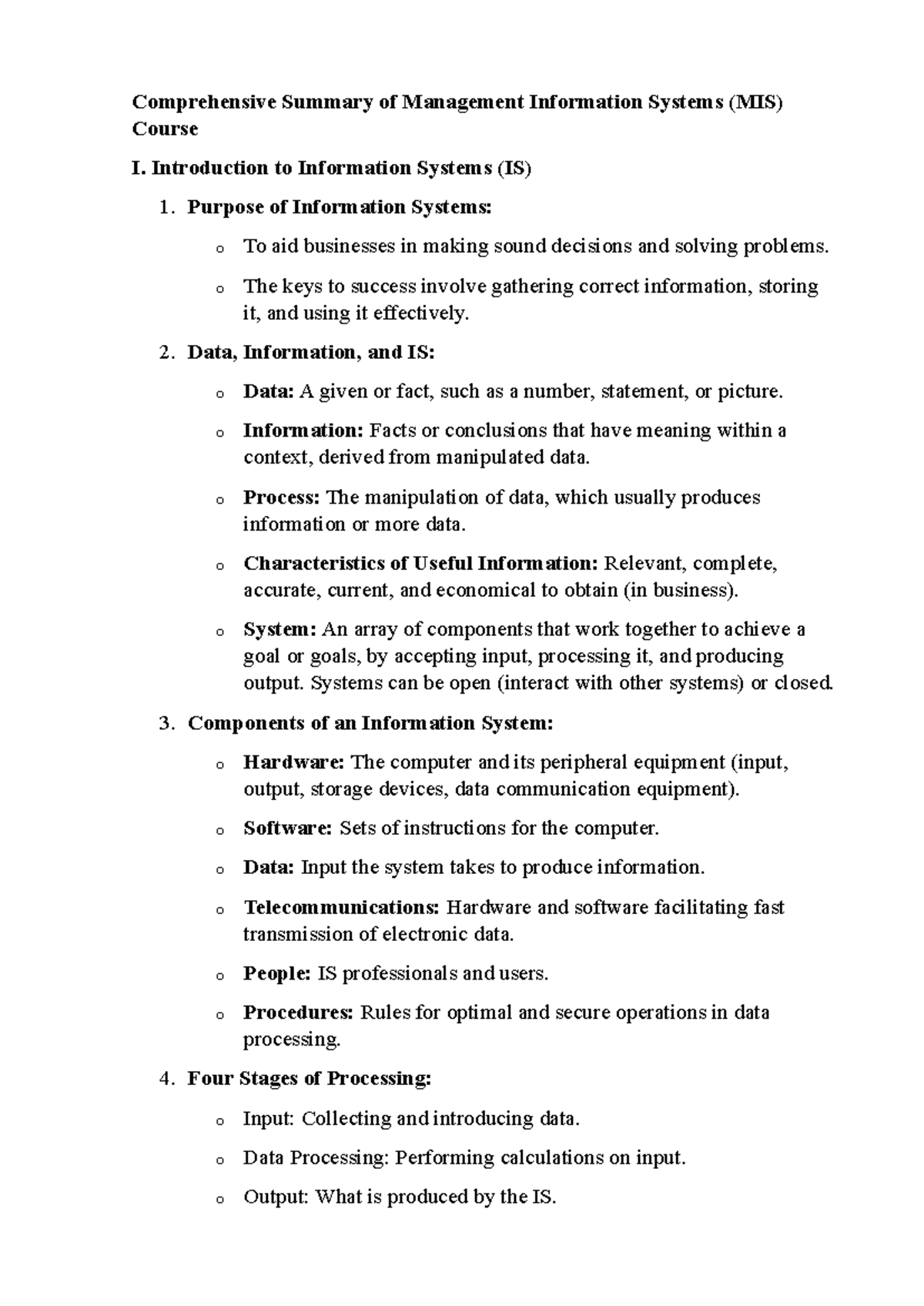 MIS Course I: Comprehensive Overview of Information Systems and ...