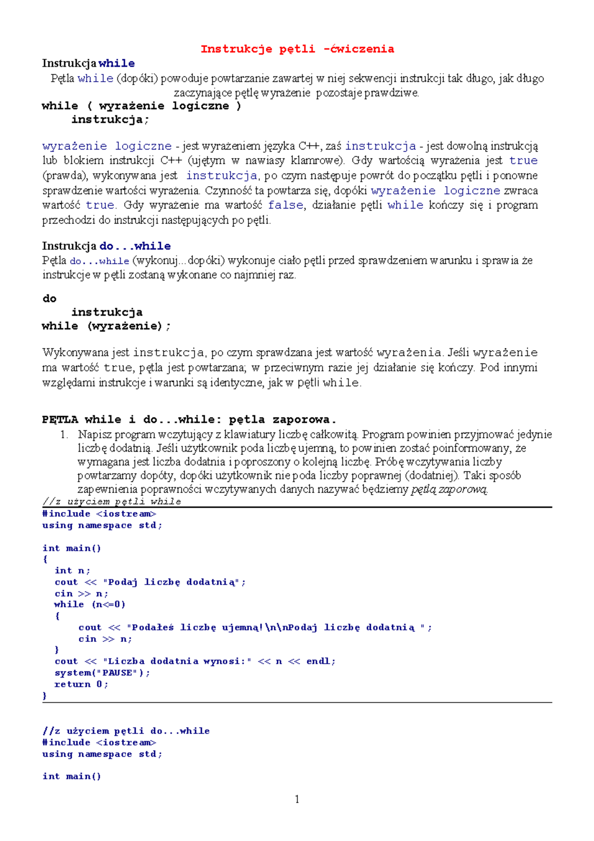 Petle - Instrukcje Pętli: Ćwiczenia i Programowanie w C++ - Studocu