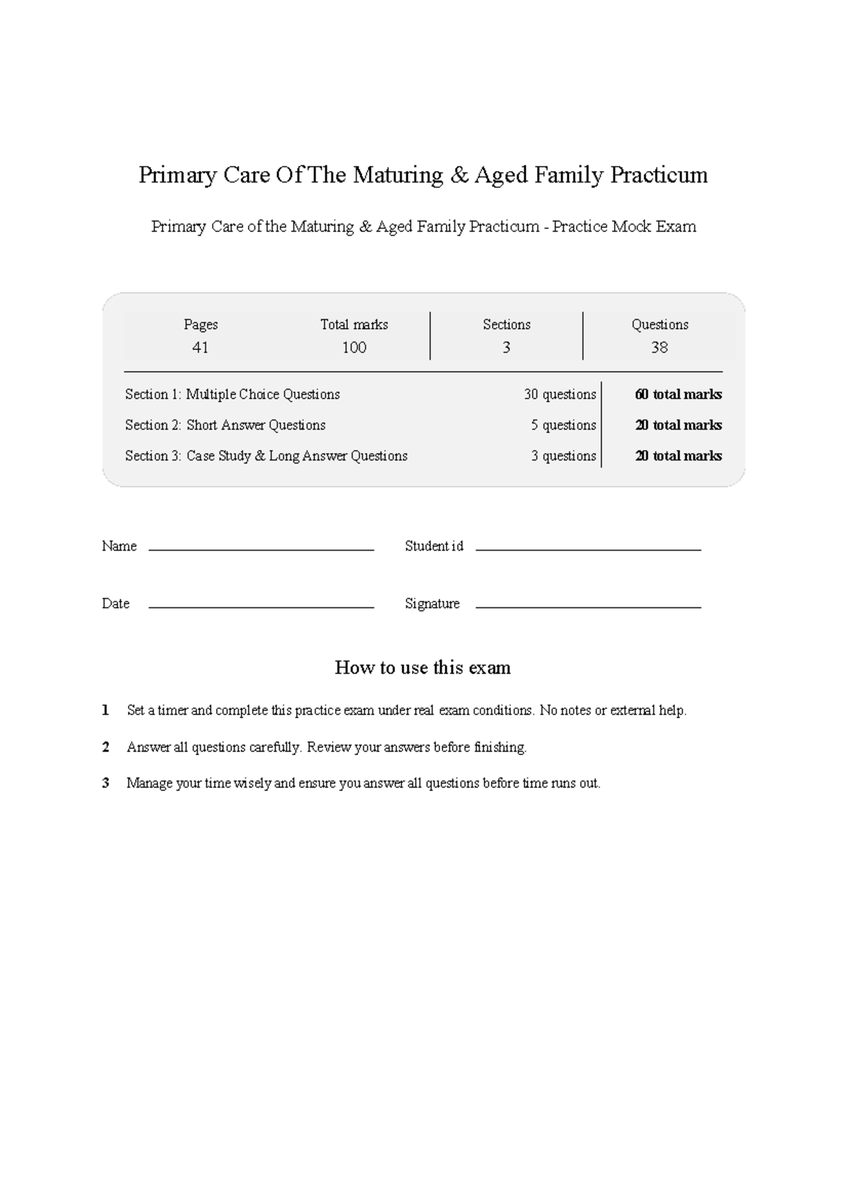 Primary Care Of The Maturing & Aged Family Practicum mock exam - top ...