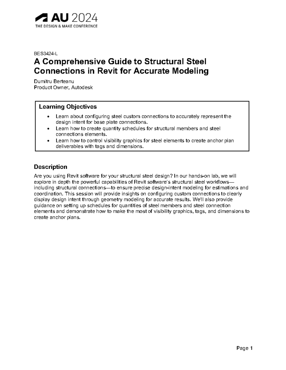 Class Handout: BES3424-L - Structural Steel Connections in Revit - Studocu