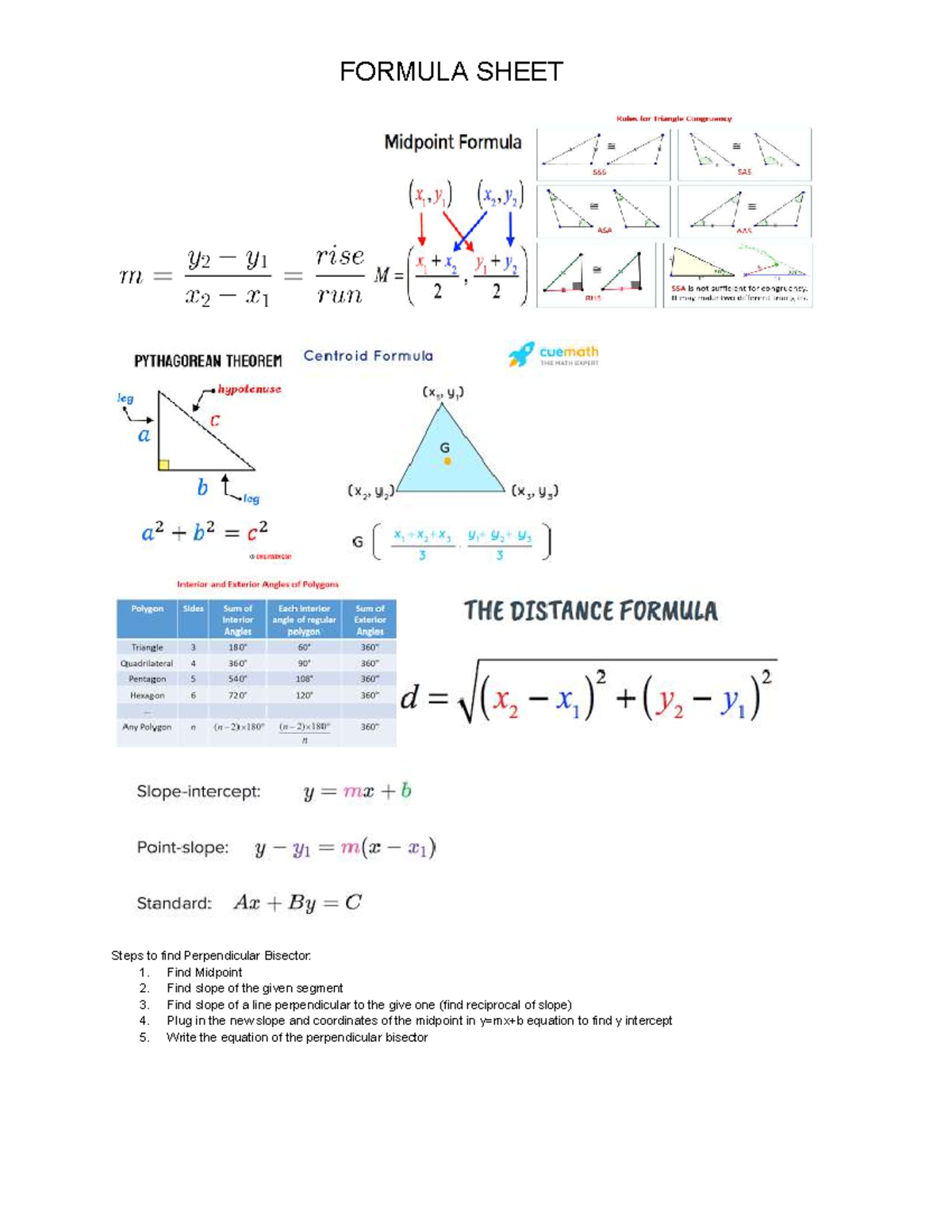 Steps to find Perpendicular Bisector - HL S 150G - FORMULA SHEET Steps ...