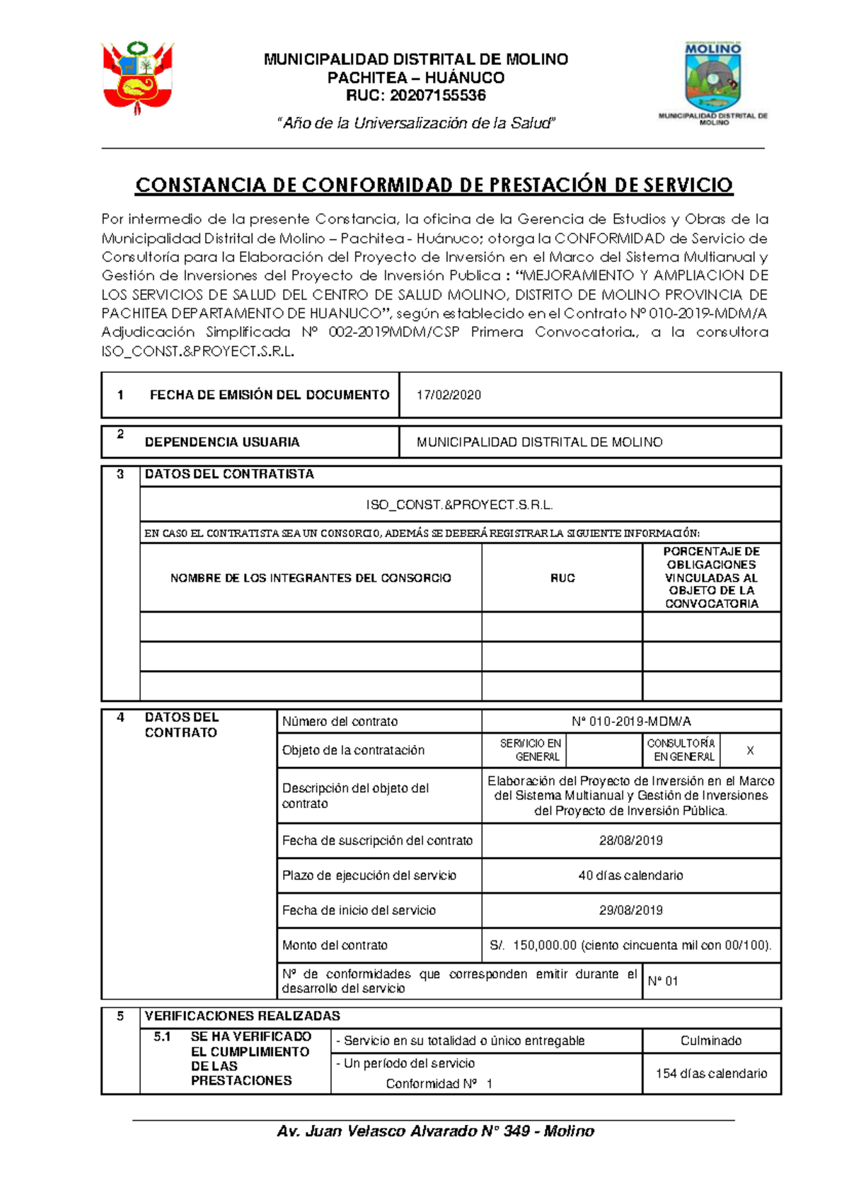 Constancia de Conformidad de Servicio de Consultoría - MDM 010-2019 - Document Preview