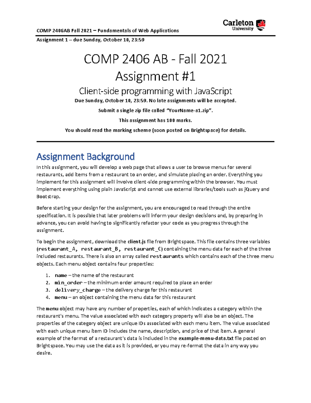 Assignment 1 Specification 2 FOR COMP2406 - Comp 2406 - Carleton - Studocu