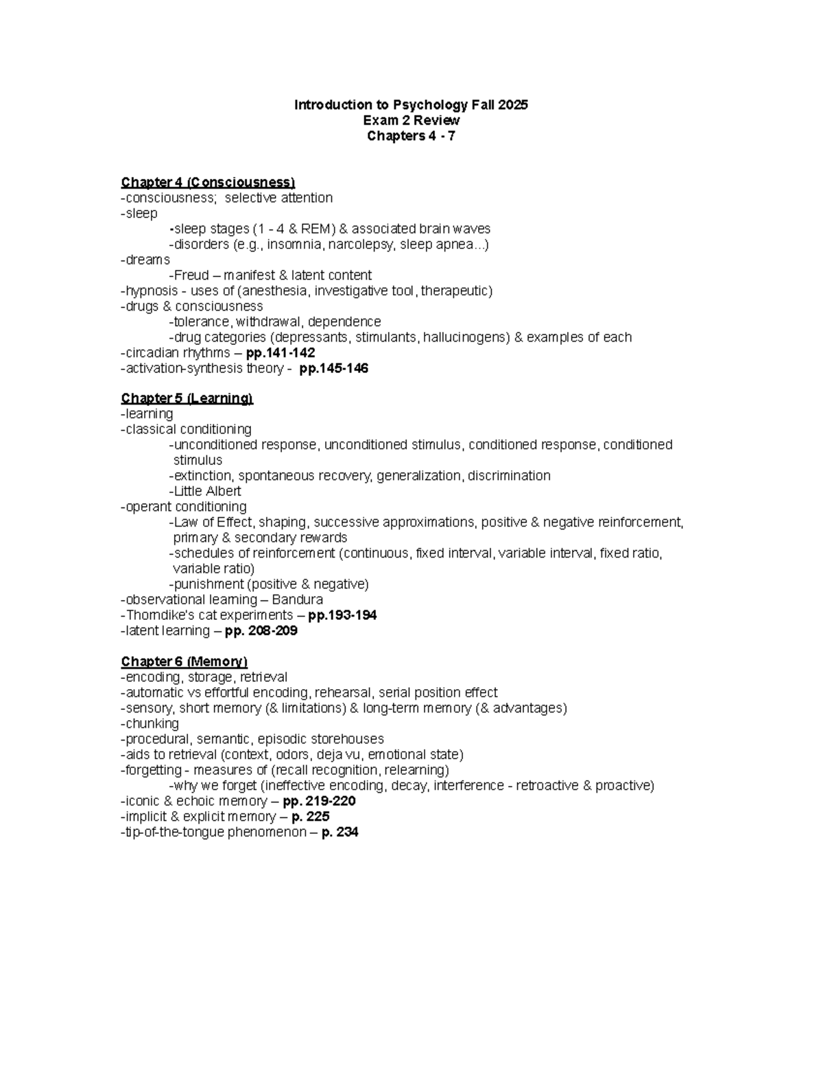 Introduction to Psychology (PSY 101) Fall 2025 Exam 2 Review: Ch. 4-7 ...