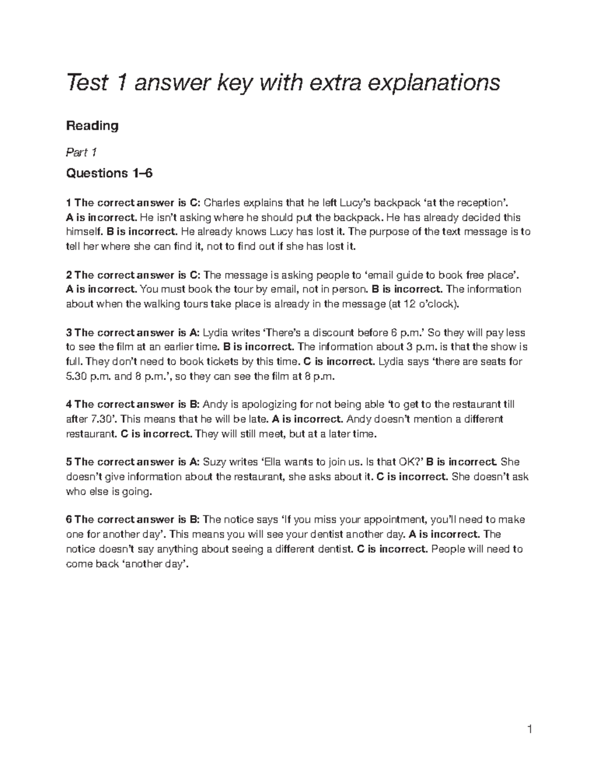 A2 Key 2, Test 1 Answer Key & Reading Explanations - Studocu