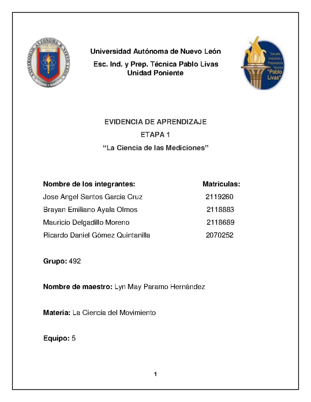EV1 LCM Equipo 5 - Evidencia de etapa 1 - Universidad Autónoma de Nuevo ...