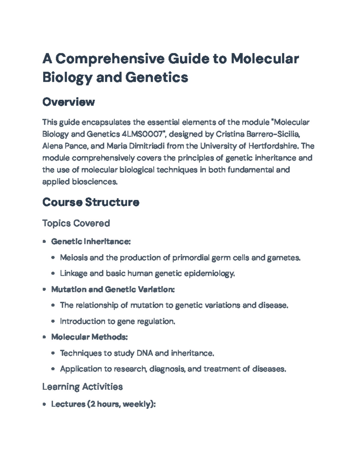 Molecular Biology and Genetics Overview 4LMS0007: Key Concepts Guide ...