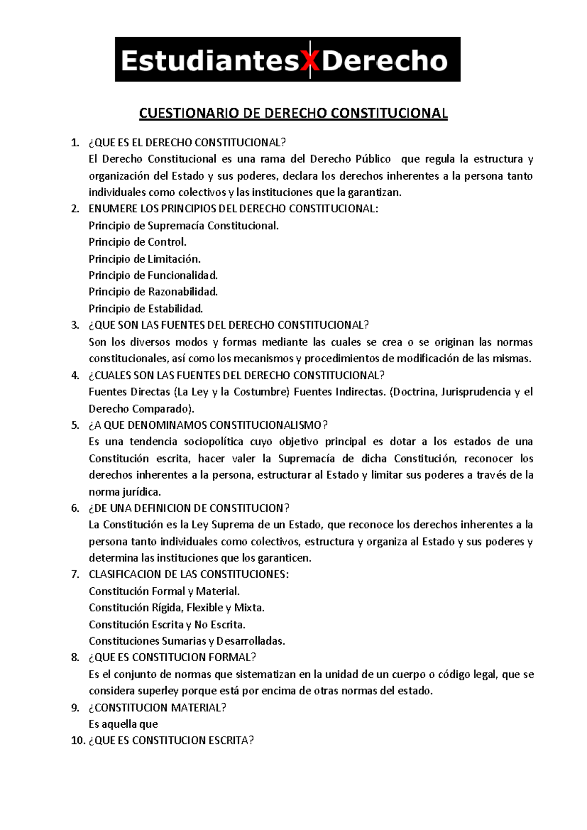 Cuestionario sobre Derecho Constitucional - Examen (DERECHO 101) - Studocu