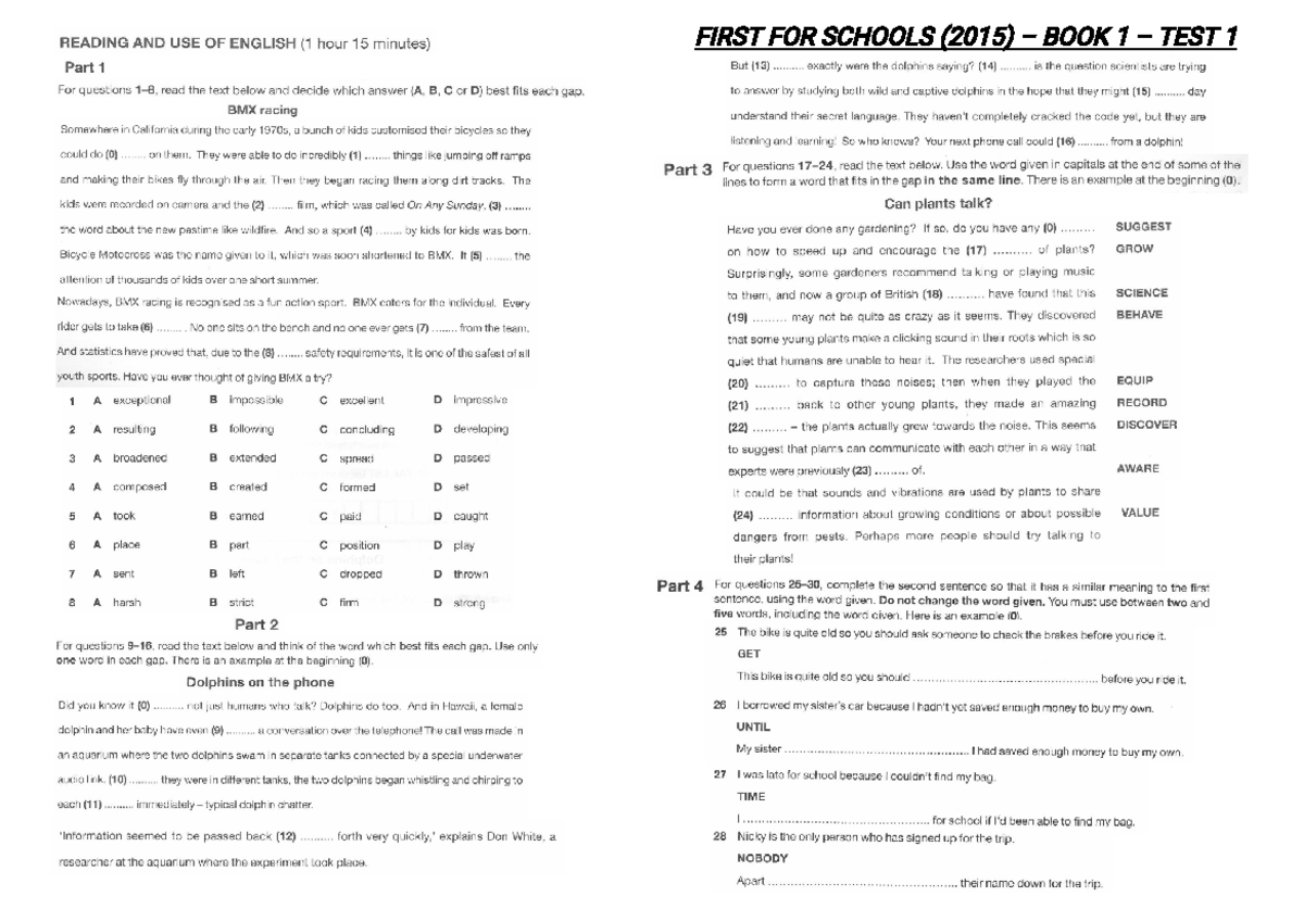 First for Schools (2015) - Book 1 - Test 1 Overview - Studocu