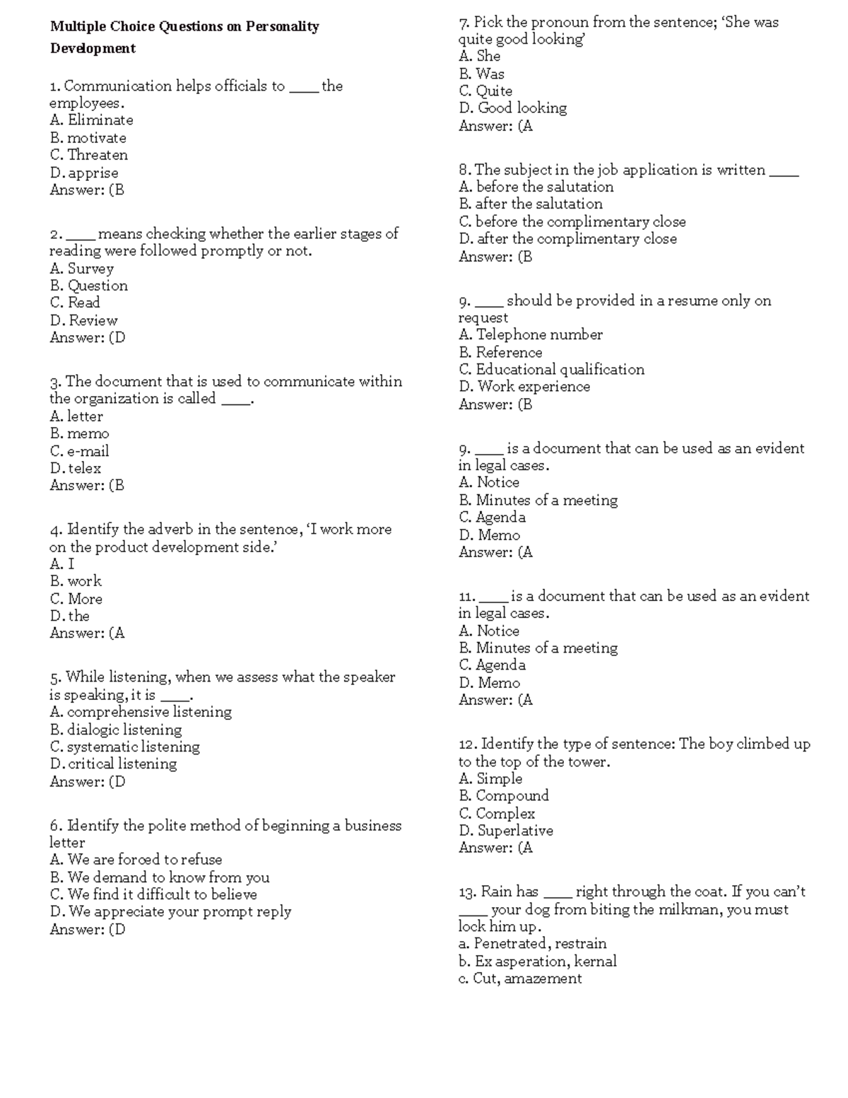 Personality Development MCQs: Communication & Listening Skills - Studocu
