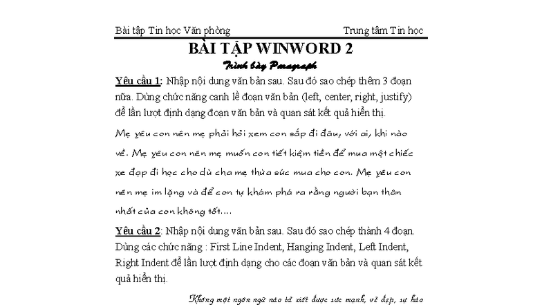 Bài Tập WinWord 2: Định Dạng Đoạn Văn Bằng Paragraph - Studocu