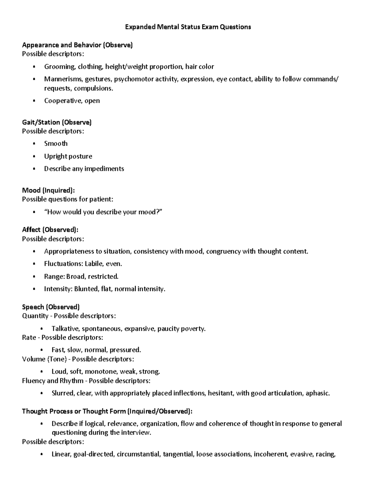 Expanded MSE Questions: Appearance, Behavior, Mood & Thought Process ...