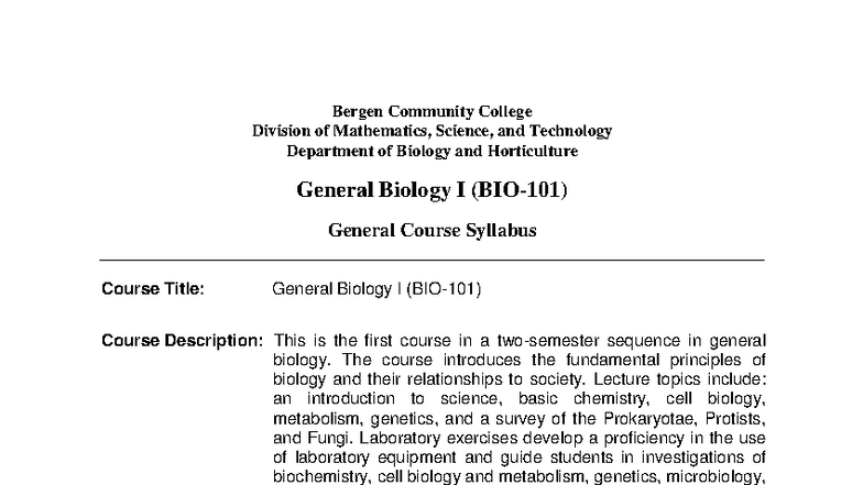 BIO-101: General Biology I Course Syllabus and Lab Guide - Studocu
