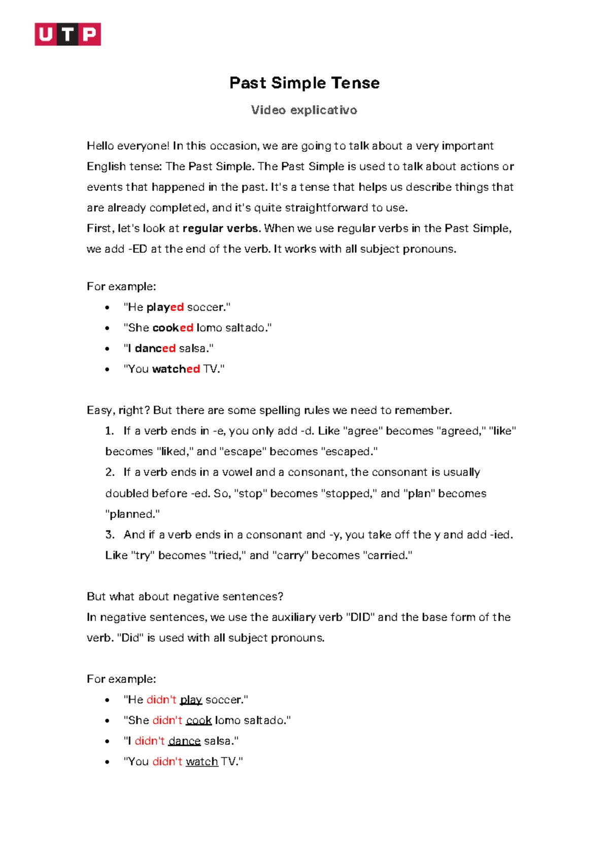 Past Simple Tense: Regular Verbs Lesson Notes - Studocu