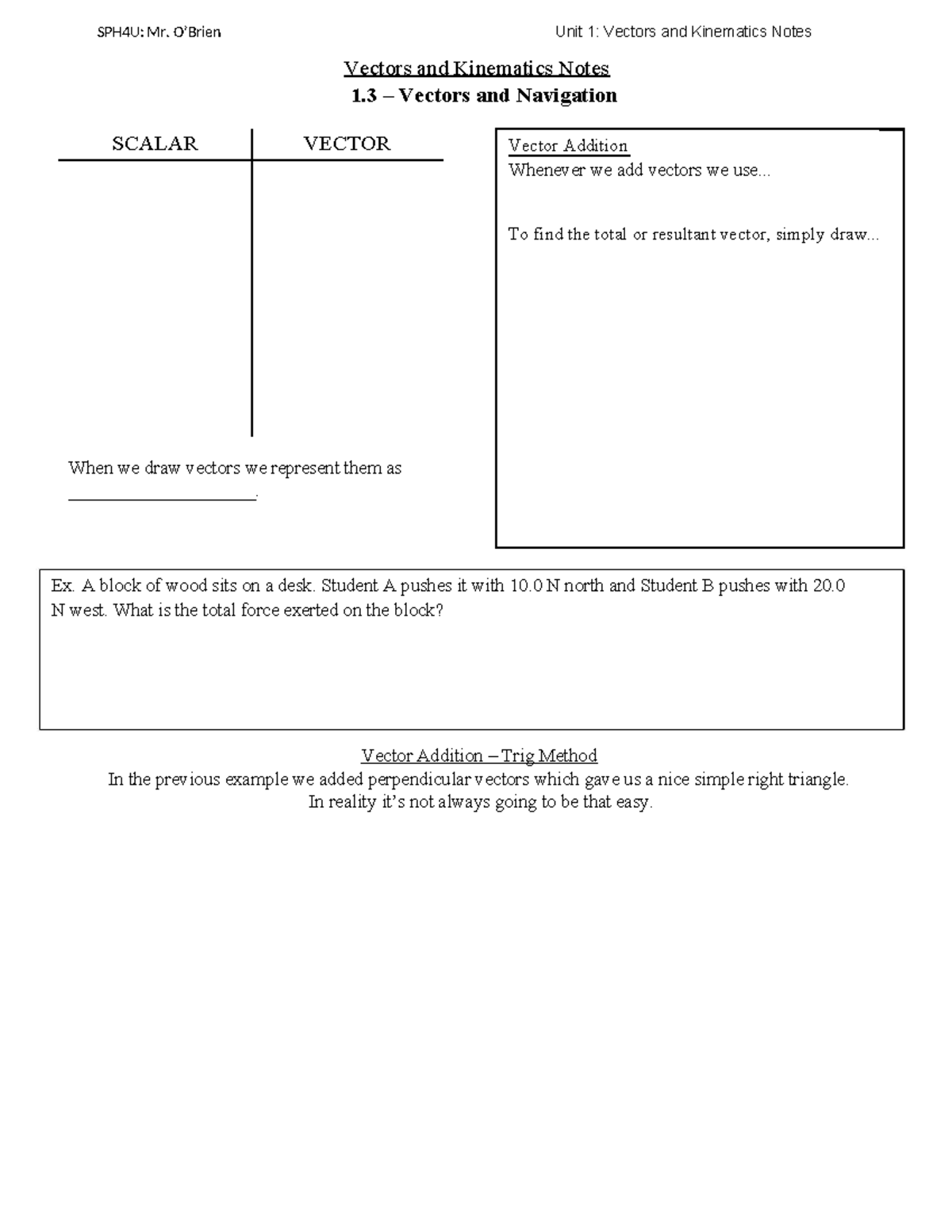 1.3 - Vector Addition and Subtraction - Vectors and Kinematics Notes 1 ...