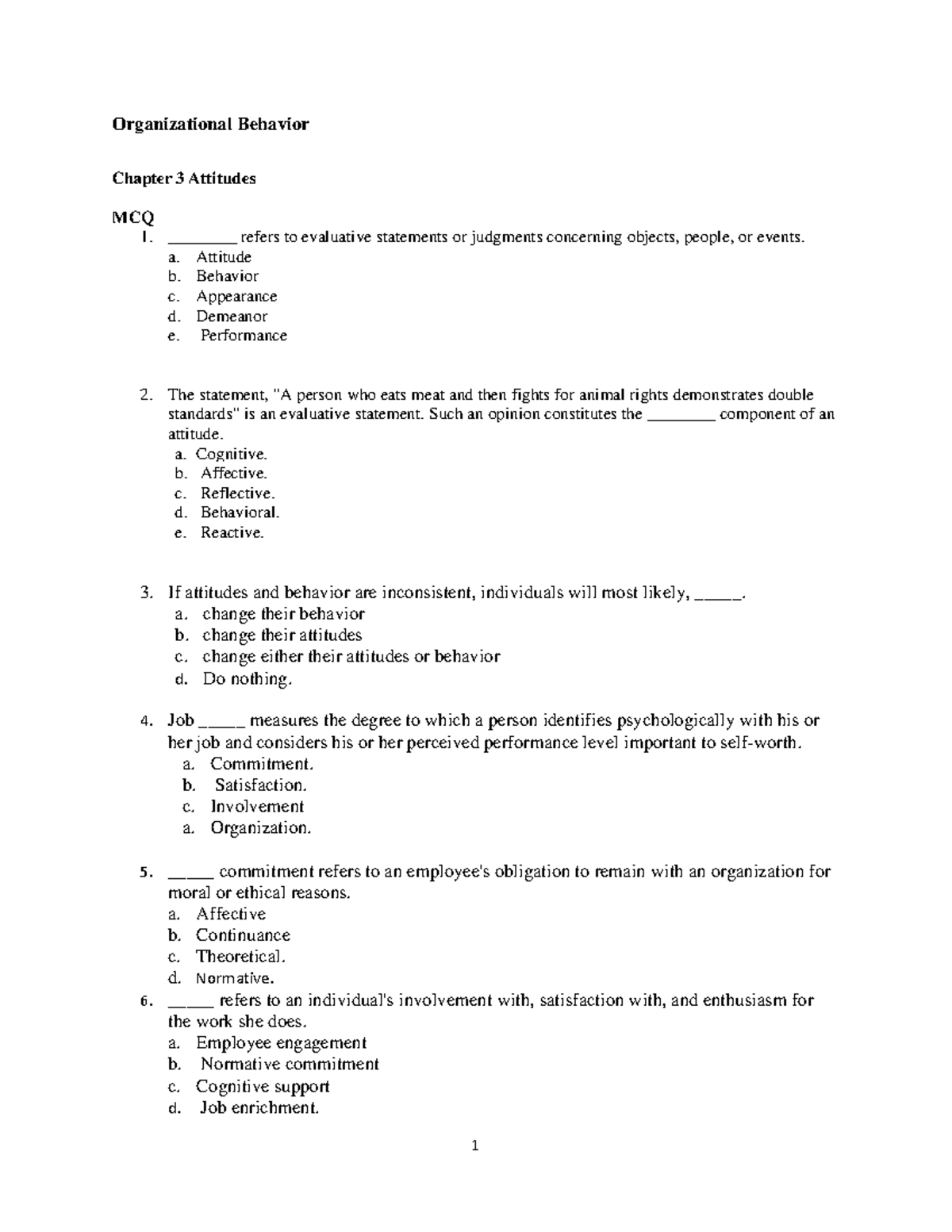Organizational behavior chapter 3 attitudes MCQ review notes - Studocu