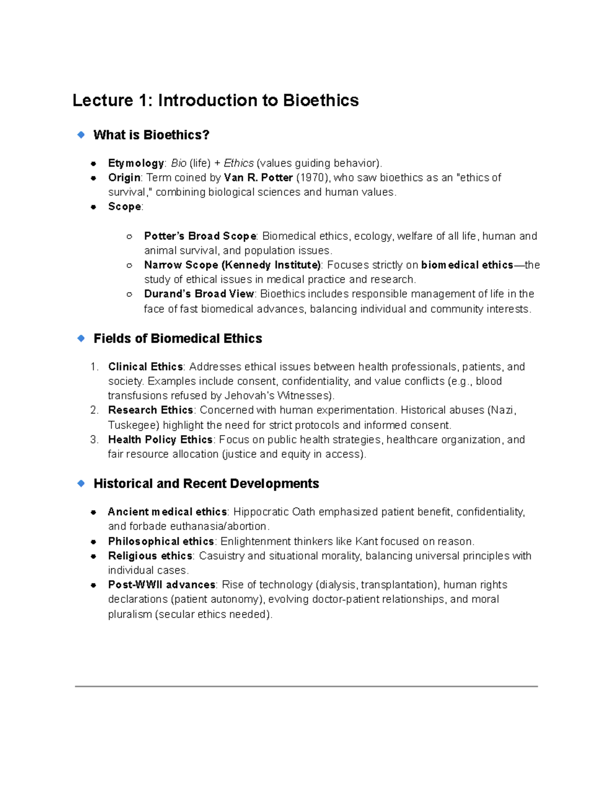 Bioethics Notes - Lecture 1: Introduction to Biomedical Ethics - Studocu