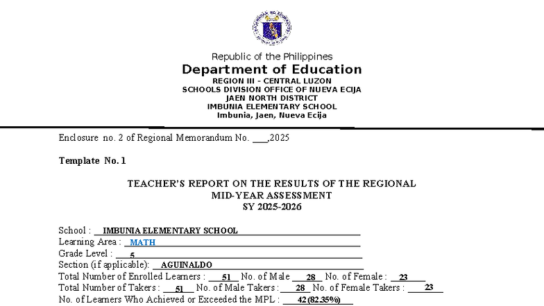 RMYA-Template No. 1: Grade 5 Math Regional Assessment Report - Studocu