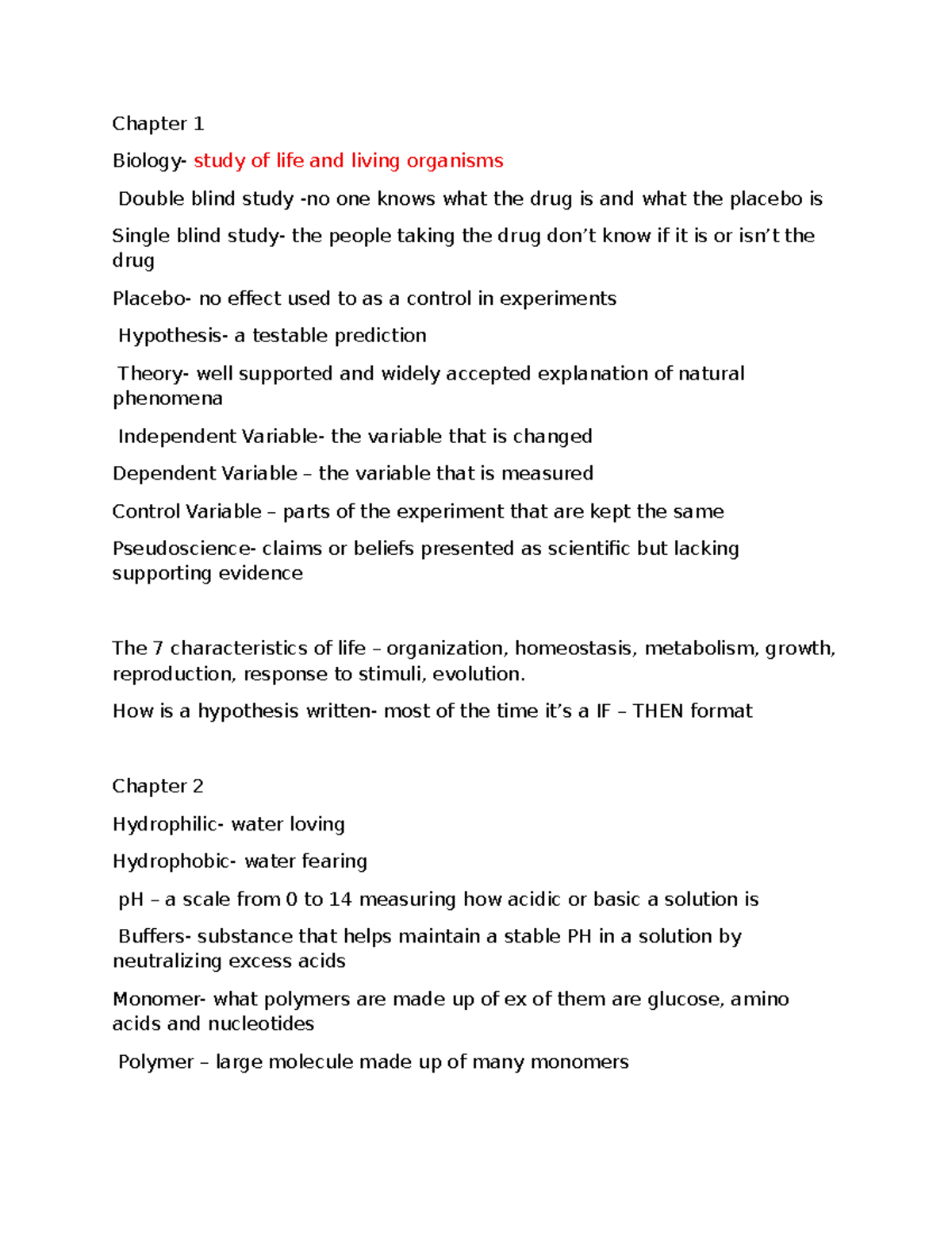Biology 101: Key Terms & Concepts for Exam Prep - Chapters 1 & 2 - Studocu