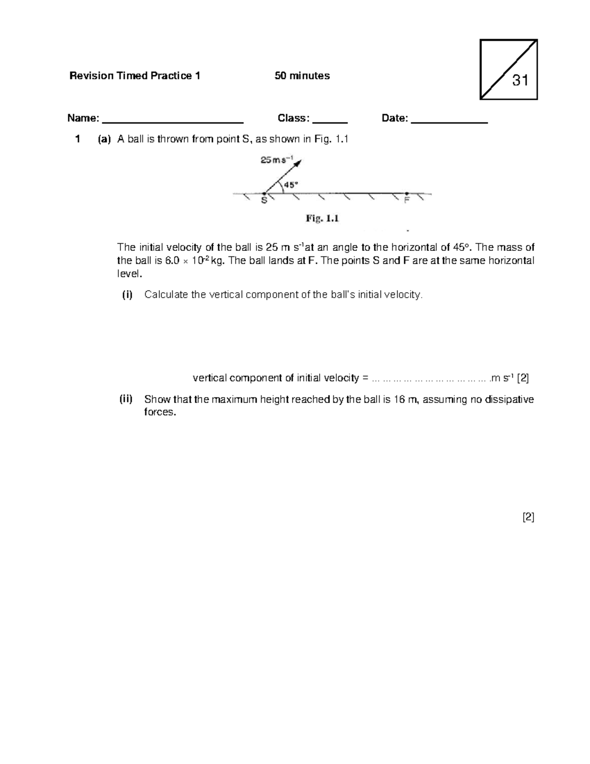 Revision Timed Practice 1: Physics Kinematics & Energy Calculations ...