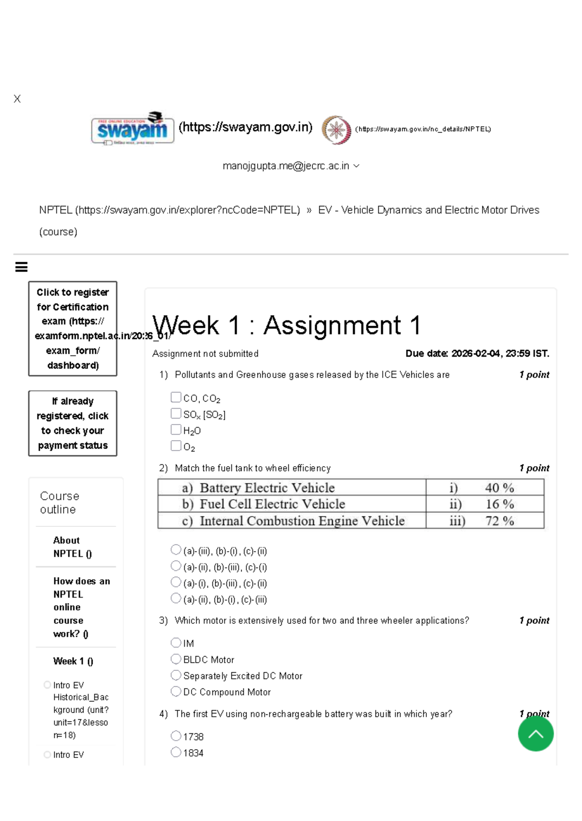 EV - Vehicle Dynamics and Electric Motor Drives (NPTEL) - Week 1 ...