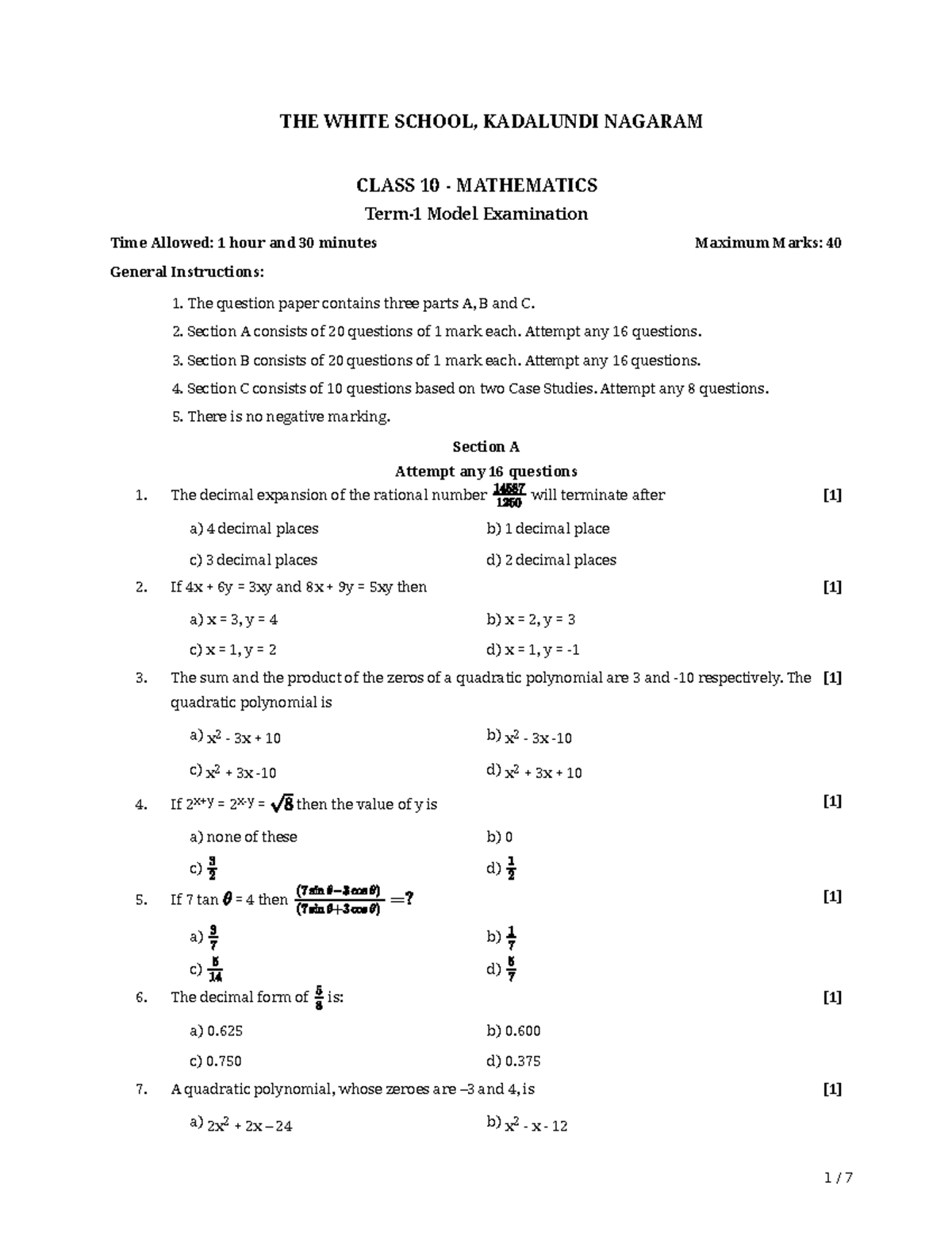 Maths Term-1 Model Question Paper - Class 10 - X - Studocu