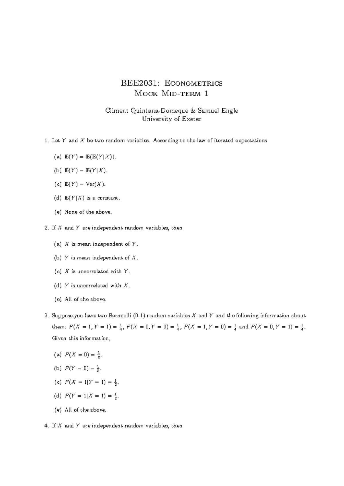 BEE2031: Econometrics Midterm 1 Mock Exam 2025/26 - Studocu